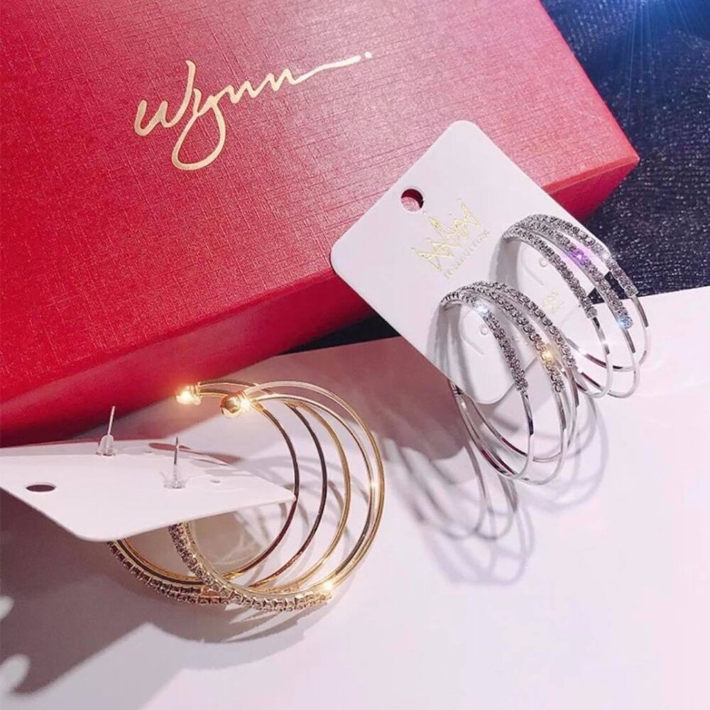 Bundle of 2 Women's Gold Triple Layered Hoop Earrings with Accenting Rhinestones
